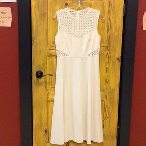 White Sleeveless Mock Neck A-Line Midi Dress